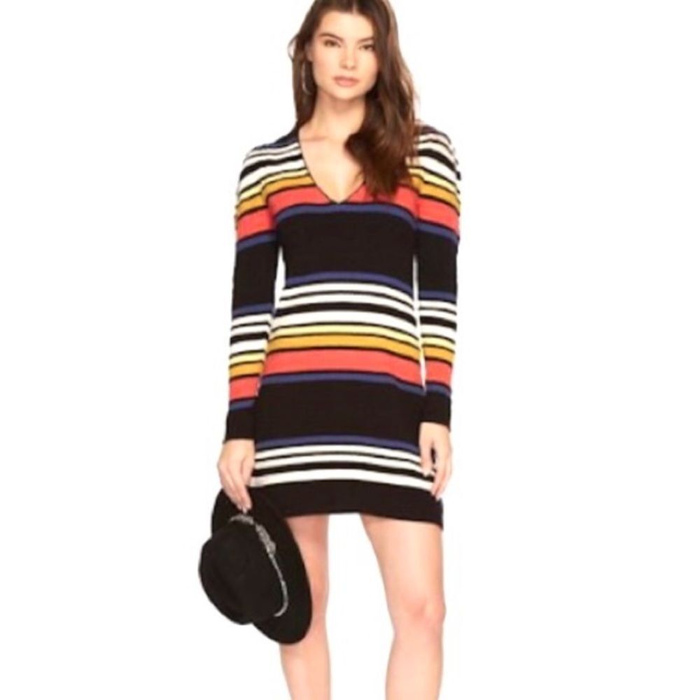 Free People Gidget Sweater Dress Mini Striped V-Neck Ribbed Black Multi Size S/M